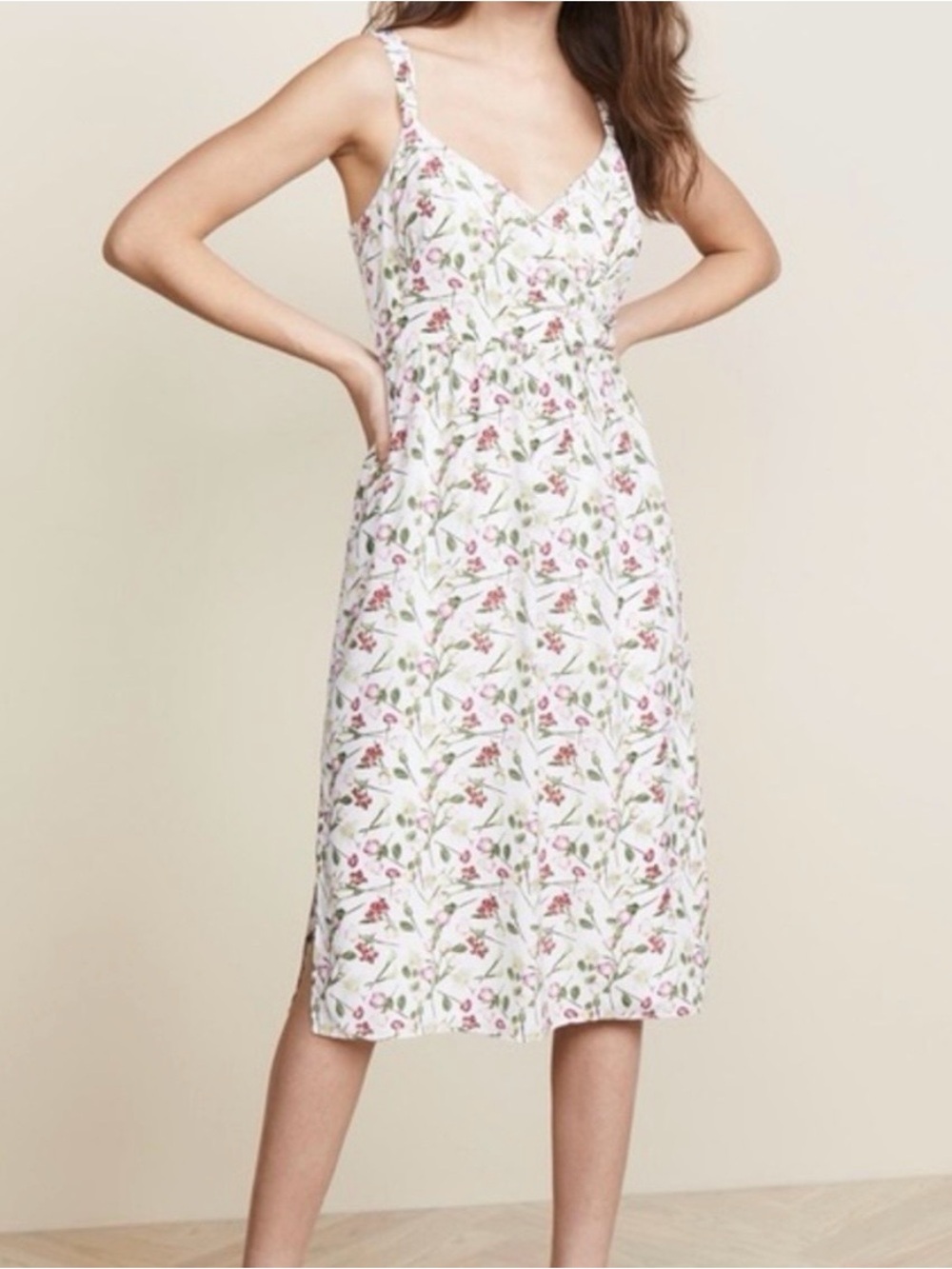 Club Monaco 100% Silk White Midi Dress with Pink & Green Floral Print